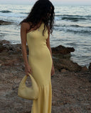 Elegant Light Yellow Mermaid One Shoulder Sleeveless Knitted Drape Long Dress HZ1024