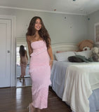 Elegant Pink Mermaid Strapless Lace Ruffle Length Ankle Ball Gown Evening Dress HZ1024