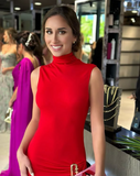 Soft Drape Red Turtleneck Sleeveless High Slit Floor Length Formal Prom Dress Evening Gown HZ1024