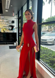 Soft Drape Red Turtleneck Sleeveless High Slit Floor Length Formal Prom Dress Evening Gown HZ1024