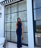 Elegant Navy Mermaid Turtleneck Sleeveless Shining Backless Floor Length Formal Prom Dress Evening Gown HZ1024