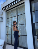 Elegant Navy Mermaid Turtleneck Sleeveless Shining Backless Floor Length Formal Prom Dress Evening Gown HZ1024