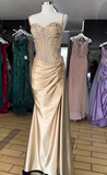 Elegant Gold Mermaid Spaghetti Straps Shiny Beaded High Slit Satin Formal Prom Dress Evening Gown HZ1024