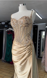 Elegant Gold Mermaid Spaghetti Straps Shiny Beaded High Slit Satin Formal Prom Dress Evening Gown HZ1024