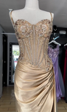 Elegant Gold Mermaid Spaghetti Straps Shiny Beaded High Slit Satin Formal Prom Dress Evening Gown HZ1024