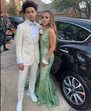 Green Mermaid V Neck Straps Sequined Strap Tail Formal Prom Dress Evening Gown HZ1024