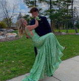 Green Mermaid V Neck Straps Sequined Strap Tail Formal Prom Dress Evening Gown HZ1024