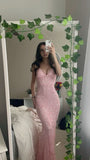 Elegant Pink Mermaid Spaghetti Strap V Neck Ball Gown Evening Dress HZ1024