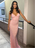 Elegant Pink Mermaid Spaghetti Strap V Neck Ball Gown Evening Dress HZ1024