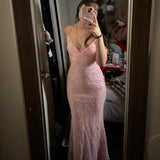 Elegant Pink Mermaid Spaghetti Strap V Neck Ball Gown Evening Dress HZ1024