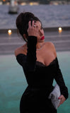Elegant Black Mermaid Off Shoulder Long Sleeve Velvet Formal Prom Dress Evening Gown HZ1024