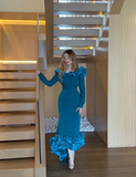 Elegant Blue Mermaid Long Sleeve Irregular Skirt Ball Gown Evening Dress HZ1024
