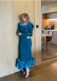 Elegant Blue Mermaid Long Sleeve Irregular Skirt Ball Gown Evening Dress HZ1024