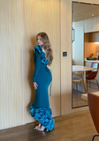 Elegant Blue Mermaid Long Sleeve Irregular Skirt Ball Gown Evening Dress HZ1024