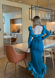 Elegant Blue Mermaid Long Sleeve Irregular Skirt Ball Gown Evening Dress HZ1024