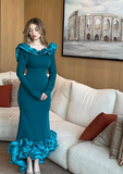 Elegant Blue Mermaid Long Sleeve Irregular Skirt Ball Gown Evening Dress HZ1024