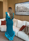 Elegant Blue Mermaid Long Sleeve Irregular Skirt Ball Gown Evening Dress HZ1024