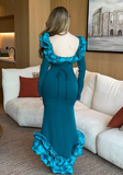 Elegant Blue Mermaid Long Sleeve Irregular Skirt Ball Gown Evening Dress HZ1024