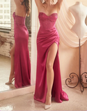 Pink Mermaid Strapless Necklace Satin High Slit Ball Gown Evening Dress HZ1024