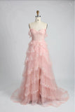 A-line pink off-the-shoulder sweetheart neckline tulle lace trim floor length formal prom dress evening gown HZ1024