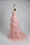 A-line pink off-the-shoulder sweetheart neckline tulle lace trim floor length formal prom dress evening gown HZ1024