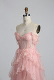 A-line pink off-the-shoulder sweetheart neckline tulle lace trim floor length formal prom dress evening gown HZ1024