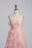 A-line pink off-the-shoulder sweetheart neckline tulle lace trim floor length formal prom dress evening gown HZ1024