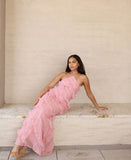 Soft Chiffon Halter Neck Off Shoulder Sleeveless Tiered Ruffle Length Ankle Ball Gown Evening Dress HZ1024