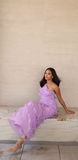 Soft Chiffon Halter Neck Off Shoulder Sleeveless Tiered Ruffle Length Ankle Ball Gown Evening Dress HZ1024
