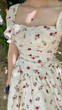 White A-Line Short Sleeve Square Neck Printed Tea Length Prom Dress Graduation Gown HZ1024