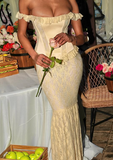 Chic Light Yellow Two-Piece Mermaid Lace Floor-Mounting Ball Gown Evening Dress HZ1024