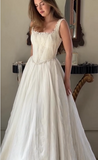 Elegant Ivory Two-piece Strap Tulle Floor Length Wedding Dress HZ1024