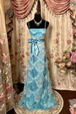 Vintage Blue Strap Lace Bow Tulle Long Ball Gown Evening Dress HZ1024