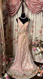 Vintage Pink A-line Strap 3D Floral Tulle Floor Length Ball Gown Evening Dress HZ1024