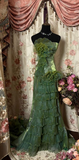 Vintage Green Off-the-shoulder Sleeveless 3D Floral Tulle Layered Floor-length Ball Gown Evening Dress HZ1024