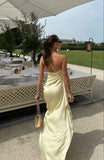 Light Yellow One Shoulder Backless Satin High Slit Ball Gown Evening Dress HZ1024