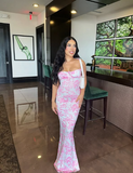 Pink Mermaid Halter Neck Off Shoulder Print Ball Gown Evening Dress HZ1024