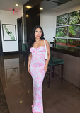 Pink Mermaid Halter Neck Off Shoulder Print Ball Gown Evening Dress HZ1024