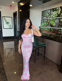 Pink Mermaid Halter Neck Off Shoulder Print Ball Gown Evening Dress HZ1024