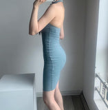 Sexy Blue Mermaid Ribbed Knit Off-The-Shoulder Halter Neck Above-The-Knee Homecoming Dress HZ1024