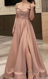 Pink Simple A-line Off-shoulder Satin High Slit Floor-length Ball Gown Evening Dress HZ1024