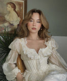 Vintage Ivory Puff Sleeve Lace Long Sleeve Dress HZ1024