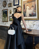 Vintage Black A-line Shoulder V-neck Satin Ball Gown Evening Dress HZ1024