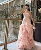 Sweet Pink A-line Strapless Tulle Layered Ruffled Formal Prom Gown Evening Dress HZ1024