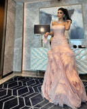 Sweet Pink A-line Strapless Tulle Layered Ruffled Formal Prom Gown Evening Dress HZ1024