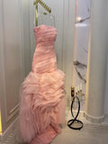 Sweet Pink A-line Strapless Tulle Layered Ruffled Formal Prom Gown Evening Dress HZ1024