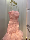 Sweet Pink A-line Strapless Tulle Layered Ruffled Formal Prom Gown Evening Dress HZ1024