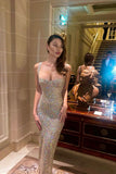 Sexy Champagne Mermaid Strap Sparkling Ball Gown Evening Dress HZ1024