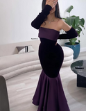 Charming Purple Mermaid Off Shoulder Velvet Satin Floor Length Ball Gown Evening Dress HZ1024