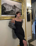 Elegant Black Mermaid Slit One Shoulder Sleeveless Sequin Formal Prom Dress Evening Gown HZ1024